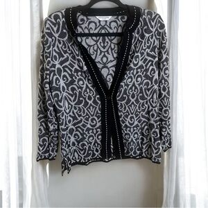 Misook Black Gray Abstract Baroque Swirl Knit Cardigan Sweater Size Large Petite